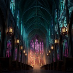 Fototapeta premium cathedral chancel view with the last rays of sunset blazing through stained glass windows, casting ruby and sapphire light across the empty pews and marble altar