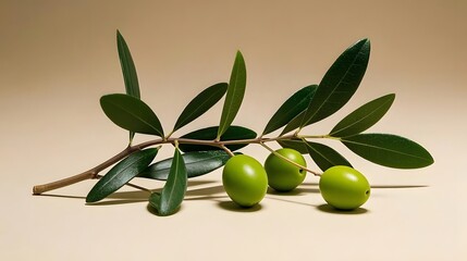 A delicate olive branch with small green leaves and olives, carefully placed on a minimalist beige background