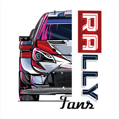 Illustration of a rally car shirt design with a combination of the words rally fan