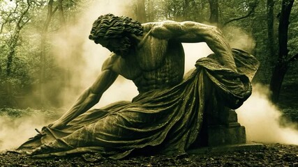 Ancient statue, forest, dramatic, shrouded