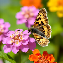 Obraz premium Long-tailed skipper butterfly (Urbanus proteus) feeding from lantana flowers, Galveston, Texas, USA.