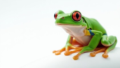 Obraz premium Green tree frog perched on white, vibrant skin, closeup, green frog