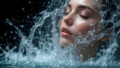 Obraz premium Woman's face emerging from water splash against dark background