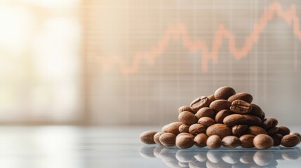 A pile of coffee beans with a financial chart in the background, symbolizing the relationship between coffee prices and market trends.