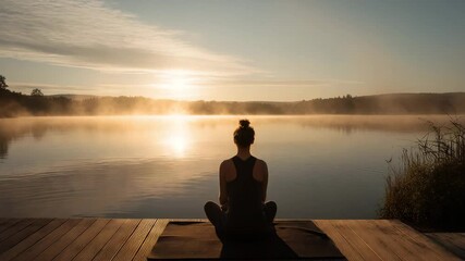 Peaceful Sunrise Yoga by the Lake Serene morning yoga practice on a tranquil lakeside dock, woman meditating in sunrise light. 4k video
- Powered by Adobe