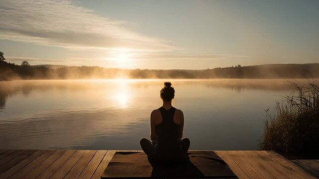 Peaceful Sunrise Yoga by the Lake Serene morning yoga practice on a tranquil lakeside dock, woman meditating in sunrise light. 4k video	
