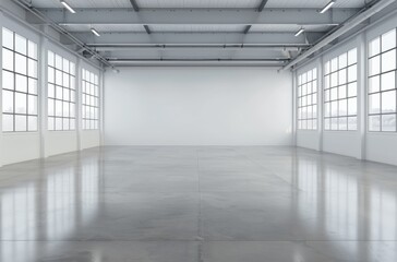 Fototapeta premium A spacious, modern interior featuring large windows and polished concrete flooring, ideal for various uses like studios or workshops.