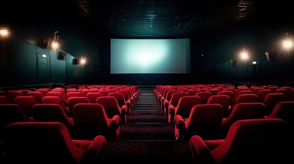 Fototapeta premium People in the cinema auditorium with Cinema blank wide screen and red chairs in the cinema hall,People silhouettes watching movie performance,empty white screen,space for text,copy space.