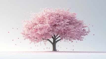 Pink cherry blossom tree with falling petals on a light background.