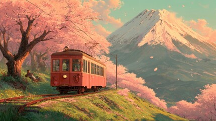 Cherry blossom with Red train in spring in Japan or Korea is the popular view spot,Illustration of Japanese spring,Panorama travel,tour advertising of world famous landmarks of Japan,autumn season.