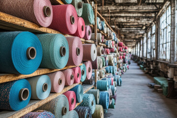 Large room filled with colorful yarn rolls, organized neatly on shelves. Bright overhead lights illuminate the space creating a vibrant and inviting atmosphere.