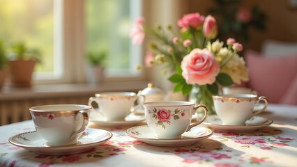 Mother's Day tea party, elegant setting, family bonding, tea cups and floral d?cor