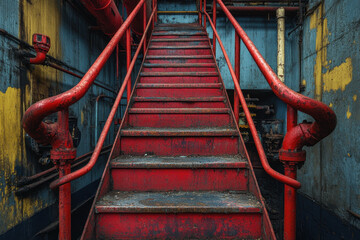 Red staircase against a yellow wall.