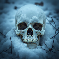 Icy remains of forgotten past: A poignant scene of skull covered by snow