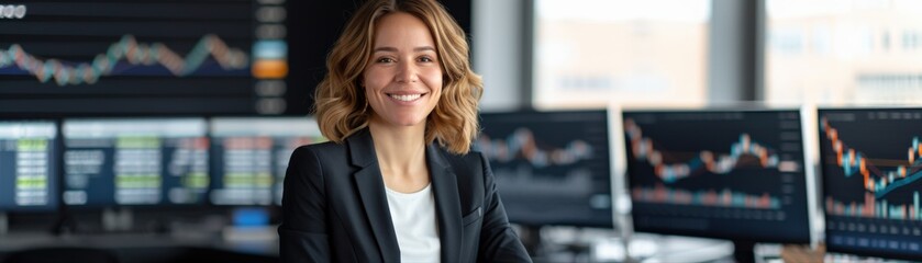 A professional woman smiles confidently in a modern office, surrounded by multiple screens displaying financial data and graphs.