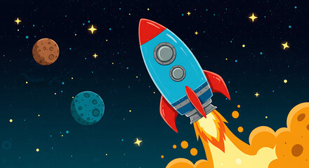 Fototapeta premium Rocket launch in space with planets and stars cartoon illustration