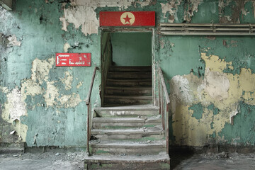 Peeling paint on an old staircase in abandoned building.
