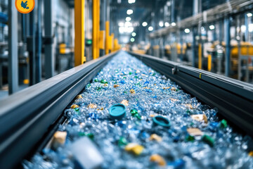 Workers sorting plastic bottles on conveyor belt at a factory.