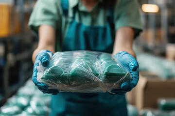 Woman in green shirt and blue gloves holding a plastic bag outdoors.