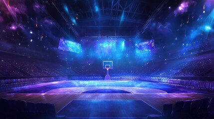 Illuminated basketball arena with vibrant lighting and empty seats.