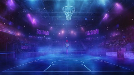 Fototapeta premium Dramatic empty basketball arena with vibrant stage lighting.