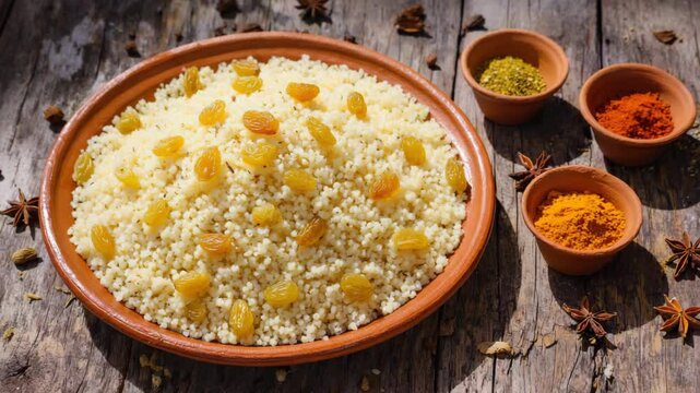 Moroccan couscous, close-up of couscous with cumin and raisins, surrounded by Moroccan spices, rustic table with natural sunlight
