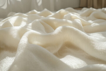 White bed with white sheet neatly arranged and fluffy pillows. Sunlight streaming through window, casting soft shadows on the bed. Serene and inviting ambiance.