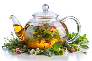 Herbal Tea Elegance: Glass Teapot & Fresh Herbs
