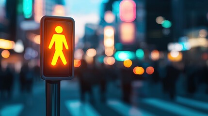 A glowing red pedestrian signal stands out against a blurred urban background, indicating stop while people move in the bustling city.
