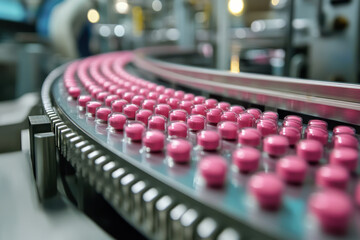 Pink pills scattered on a wooden table, surrounding a bottle, with a medical prescription in the background.