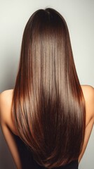 Fototapeta premium Beautiful model girl with Brown hair strand,silky healthy chestnut wavy hair strand,hair wavy ribbon, with smooth,Keratin straightening,Treatment,straight long hair,procedures,Smooth hairstyle.