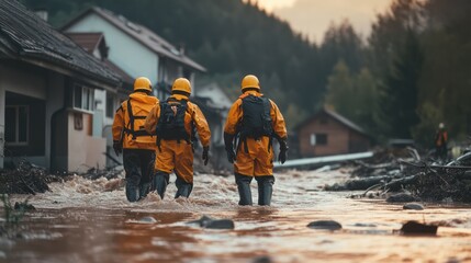 Disaster response team walking through floodwaters after a natural disaster