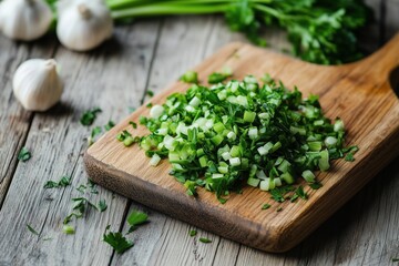 finely chopped green onion on a wooden stick