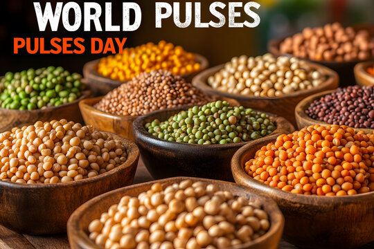World Pulses Day Display Featuring Wooden Bowls of Chickpeas and Lentils