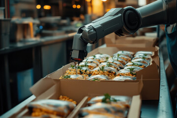 Robot putting food in a box in a kitchen.