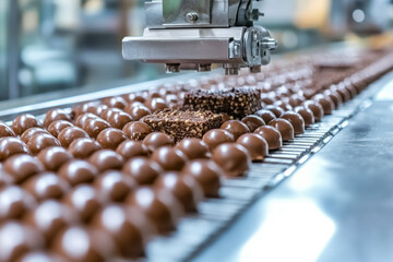 Chocolate production line showcasing automated process with conveyor belts, packaging machinery, and workers in a bustling factory setting.