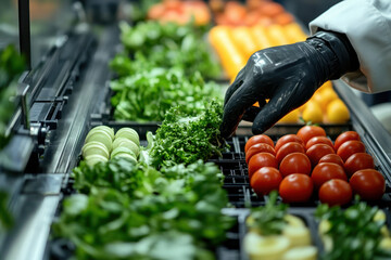 Person in white coat adding lettuce to vegetable tray.