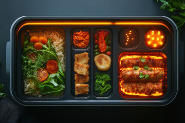 Meal in container: grilled chicken, roasted vegetables, and quinoa. Garnished with fresh herbs and lemon wedge. On rustic wooden table.