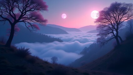 Fototapeta premium Valley of Clouds and Luminous Trees – Mystical Fantasy Landscape