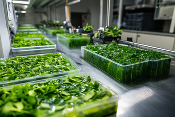 Green leaf line in factory, symbolizing sustainability and nature's presence in industrial settings, blending environment with production.