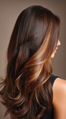 Fototapeta premium Beautiful model girl with Brown hair strand,silky healthy chestnut wavy hair strand,hair wavy ribbon, with smooth,Keratin straightening,Treatment,straight long hair,procedures,Smooth hairstyle.