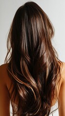 Naklejka premium Beautiful model girl with Brown hair strand,silky healthy chestnut wavy hair strand,hair wavy ribbon, with smooth,Keratin straightening,Treatment,straight long hair,procedures,Smooth hairstyle.