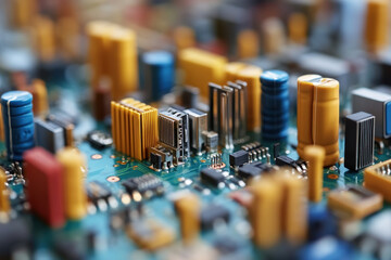 Close up of computer motherboard, intricate circuitry highlighted by soft lighting, connectors and chips arranged neatly.