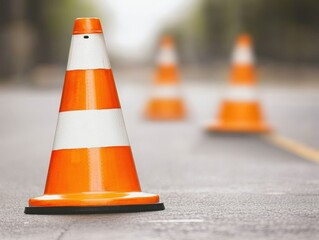 An orange traffic cone sits on a road, signaling caution and directing traffic away from potential hazards.