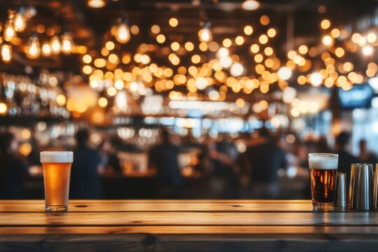 Pub bar scene with drinks on wooden counter