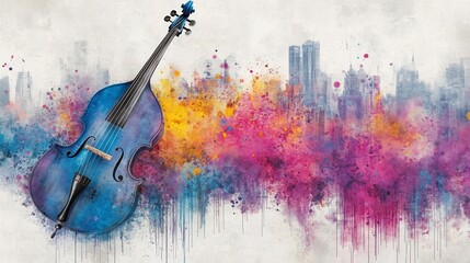 Vibrant city backdrop, with a vibrant blue double bass