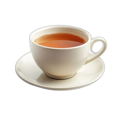 A cup of tea on a saucer with a delicate handle and steam rising, isolated on transparent background.