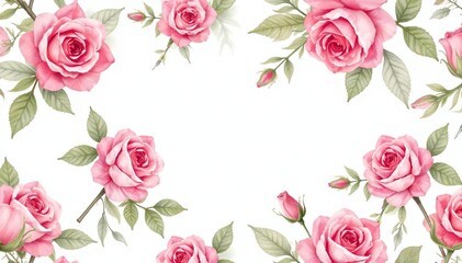 Delicate watercolor roses & leaves, repeating pattern, illustration, romantic, spring