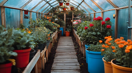 Fototapeta premium Greenhouse interior showcasing vibrant potted plants, wooden walkway, and a tranquil atmosphere. Ideal for gardening, botany, and home improvement projects.