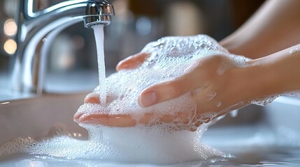 Fototapeta premium Hands washing under a faucet with visible water flow and soap bubbles, set in a kitchen environment with a blurred background, creating a clean and hygienic atmosphere.